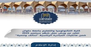 كلية التكنولوجيا والتعليم جامعة حلوان تعلن عن ورش عمل شهر سبتمبر 2025 ضمن فاعليات المبادرة الرئاسية “تحالف وتنمية”