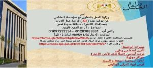 وزارة العمل .. تعلن عن 40 فرصة عمل للسيدات بالقاهرة بالتعاون مع مؤسسة التضامن