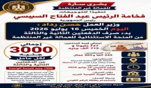تنفيذًا لتوجيهات فخامة الرئيس السيسي..  وزير العمل.. الدولة تواصل تعزيز الحماية الاجتماعية للعمالة غير المنتظمة بصرف الدفعتين الثانية والثالثة من المنحة الاستثنائية