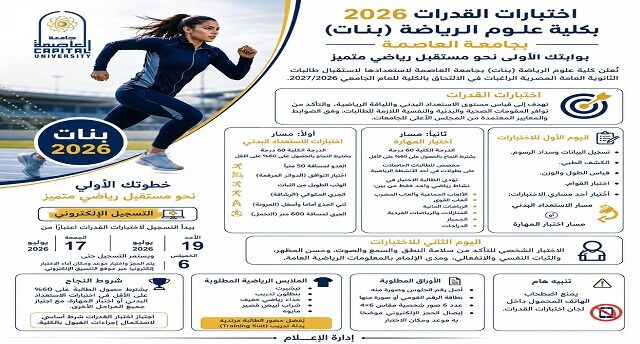 كلية علوم الرياضة (بنات) بجامعة العاصمة تعلن تفاصيل اختبارات القدرات 2026.. والتسجيل يبدأ 17 يوليو